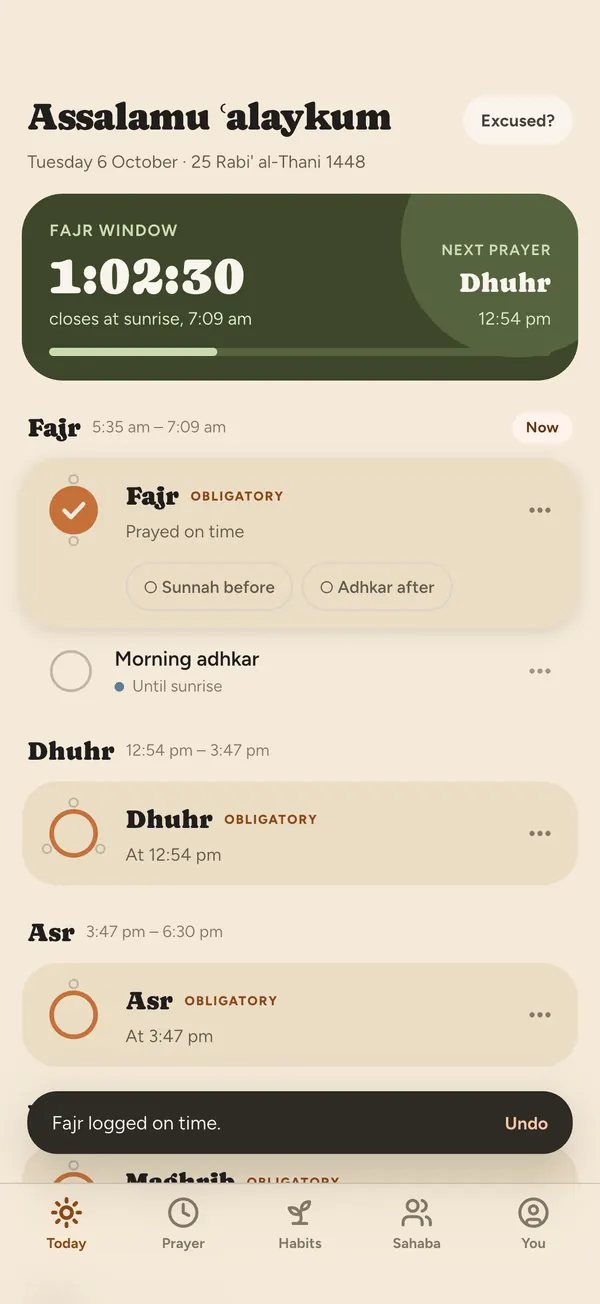 Aqdam's Today screen: the next prayer with a countdown, then the day's prayers and small habits such as the morning adhkar, each ready to log with a tap.
